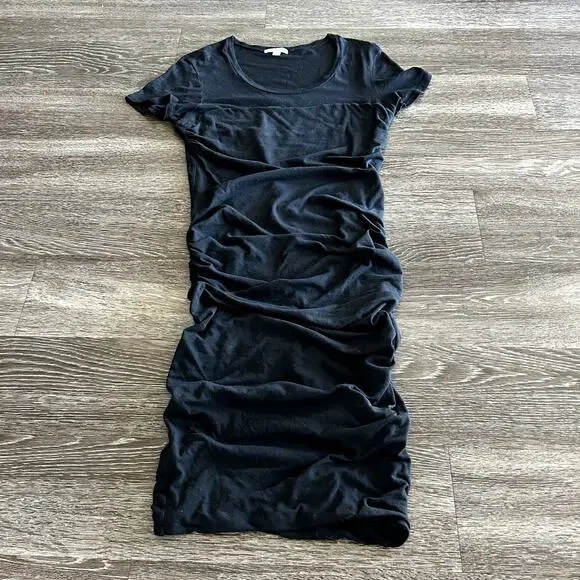James Perse Black Ruched T-Shirt Midi Dress Women’s Size Large 3 Cotton Stretch - Picture 13 of 16